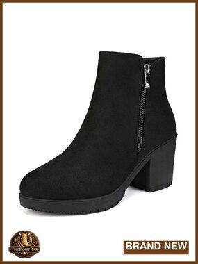 Women's Chunky Heel Platform Ankle Boots Side Zipper Pointed Toe Booties
